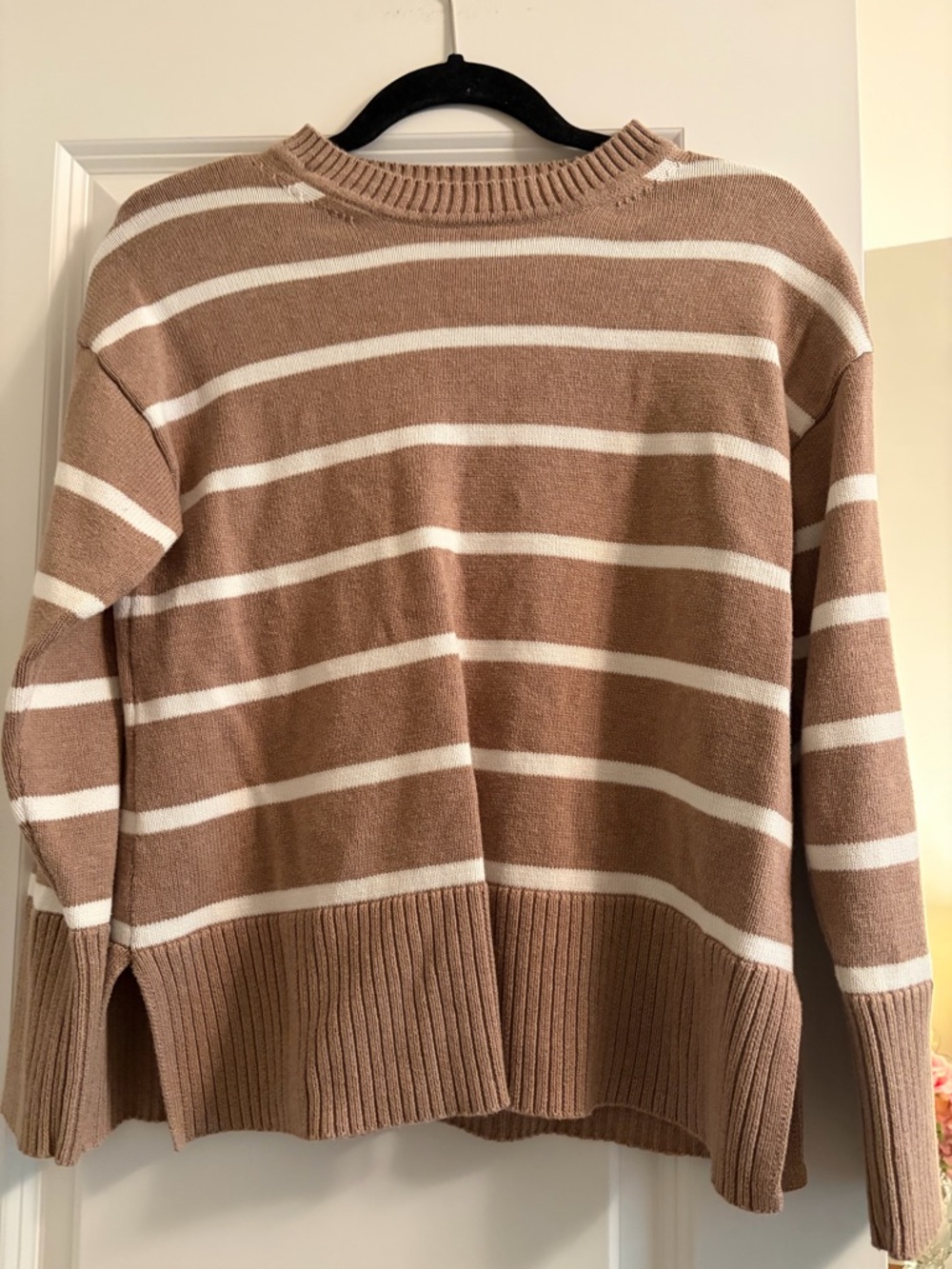 J. Crew Beige and White Striped Crewneck Sweater